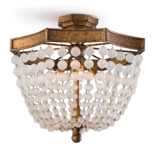 Gold flush mount with frosted glass beads and a rustic base